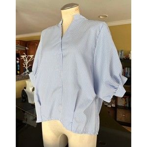 Blue & White Stripe Puff Sleeve Button Down Back Notch Collar Blouse